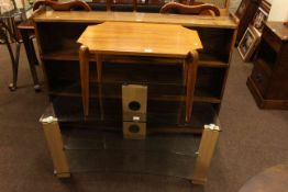 Oak open bookcase, vintage coffee table and contemporary glass entertainment stand (3).