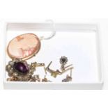 14 carat gold cameo brooch, 9 carat gold earrings and antique amethyst brooch.