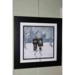 Lou Harris original work, Going to Church, with two figures in snowy scene, framed,