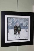 Lou Harris original work, Going to Church, with two figures in snowy scene, framed,