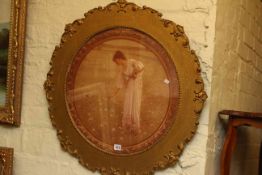 Edwardian circular gilt framed print of a girl picking flowers.