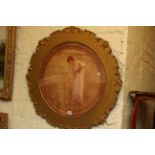 Edwardian circular gilt framed print of a girl picking flowers.