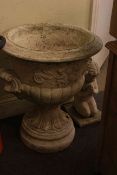 Large pedestal garden urn 67cm high by 57cm diameter and winged cherub garden figure (2).
