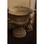 Large pedestal garden urn 67cm high by 57cm diameter and winged cherub garden figure (2).