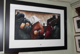 Lou Harris original work, Huddle, with figures in snowing scene, signed, framed,