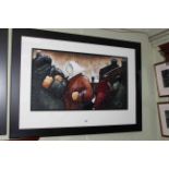 Lou Harris original work, Huddle, with figures in snowing scene, signed, framed,