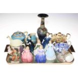Tray lot with five small Royal Doulton ladies, stoneware vase, Grays tea set, etc.