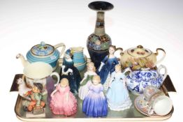 Tray lot with five small Royal Doulton ladies, stoneware vase, Grays tea set, etc.