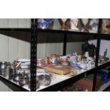 Shelf collection including egg shell, Oriental tea wares, Mason's, Denby, Old Willow, Aynsley,