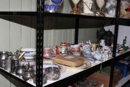 Shelf collection including egg shell, Oriental tea wares, Mason's, Denby, Old Willow, Aynsley,