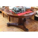 Victorian circular rosewood crossbanded loo table on turned pedestal to inverted triform base,