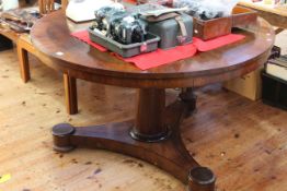 Victorian circular rosewood crossbanded loo table on turned pedestal to inverted triform base,