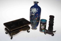 Cloisonne vase, Oriental beaker, wooden stand and another.