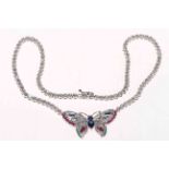 14 carat white gold butterfly diamond necklace, the butterfly set with diamonds, sapphires,