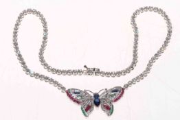 14 carat white gold butterfly diamond necklace, the butterfly set with diamonds, sapphires,