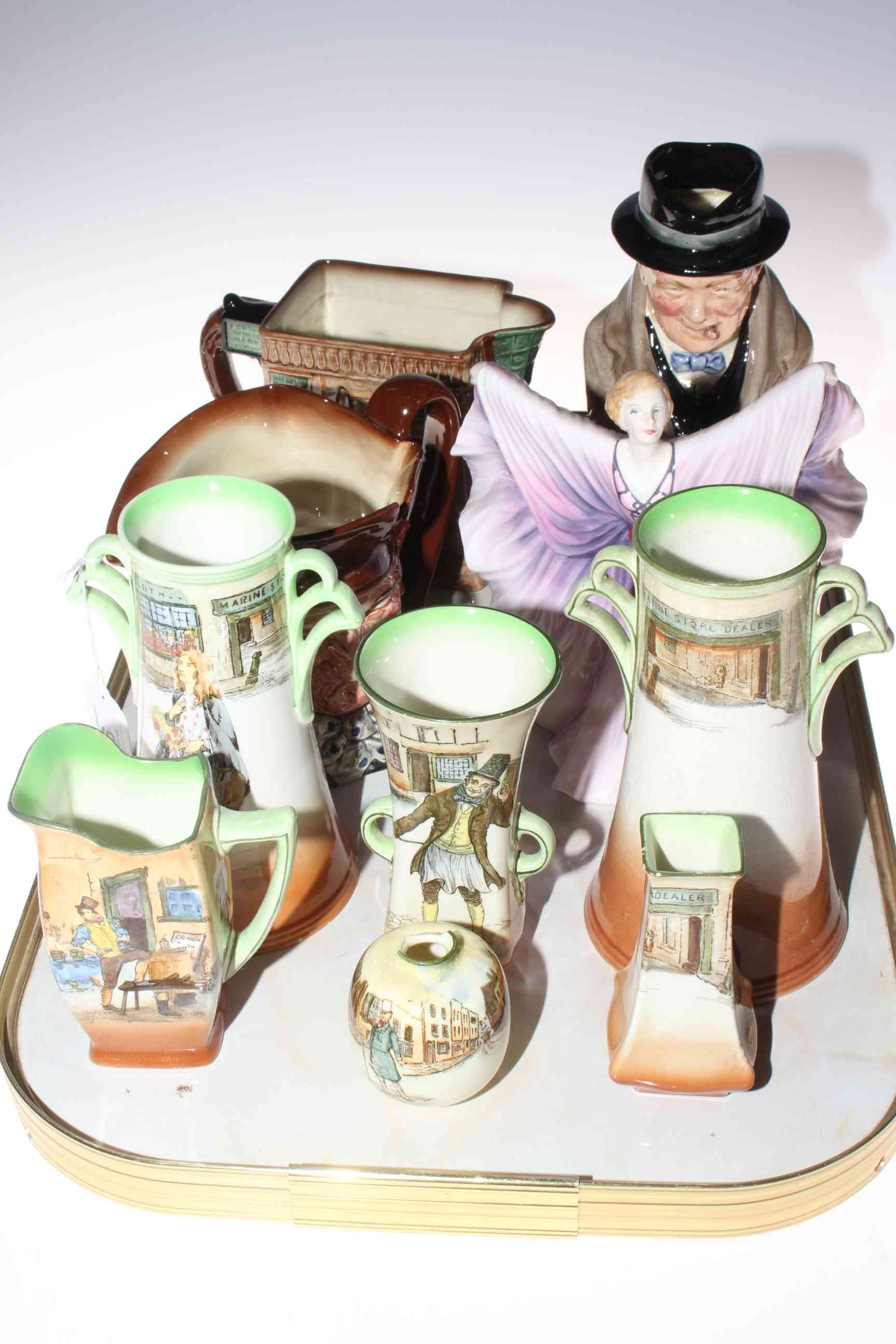 Tray lot with Royal Doulton series wares, character jug,