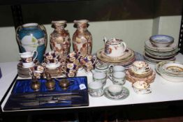 Collection of Oriental eggshell tea set, warrior vases, Indian tree, carving set in case, plates,