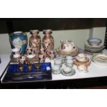 Collection of Oriental eggshell tea set, warrior vases, Indian tree, carving set in case, plates,