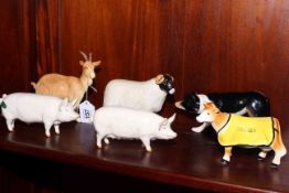 Two Beswick pigs, goat, sheep and sheep dog.