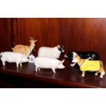 Two Beswick pigs, goat, sheep and sheep dog.