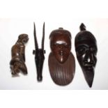 Pair African carved wall masks, carved figure and antelope.