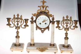 Gilt metal and marble three piece clock garniture with floral design enamel dial,