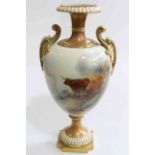 Large Royal Worcester vase, painted with highland cattle and signed John Stinton, shape No.