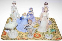 Two Coalport ladies, Royal Doulton and Royal Worcester ladies and four other pieces (8).