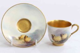 Royal Worcester miniature cup and saucer painted with sheep and signed Barker, date code for 1921.