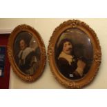 Pair gilt framed oval portrait prints of cavaliers.