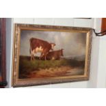 After T.S. Cooper, oil on canvas of Cows at Waters Edge, 30cm by 50cm, modern frame.