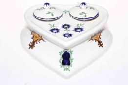 Wemyss ware heart shaped inkwell decorated in the Turkish pattern, with its liners and lids.