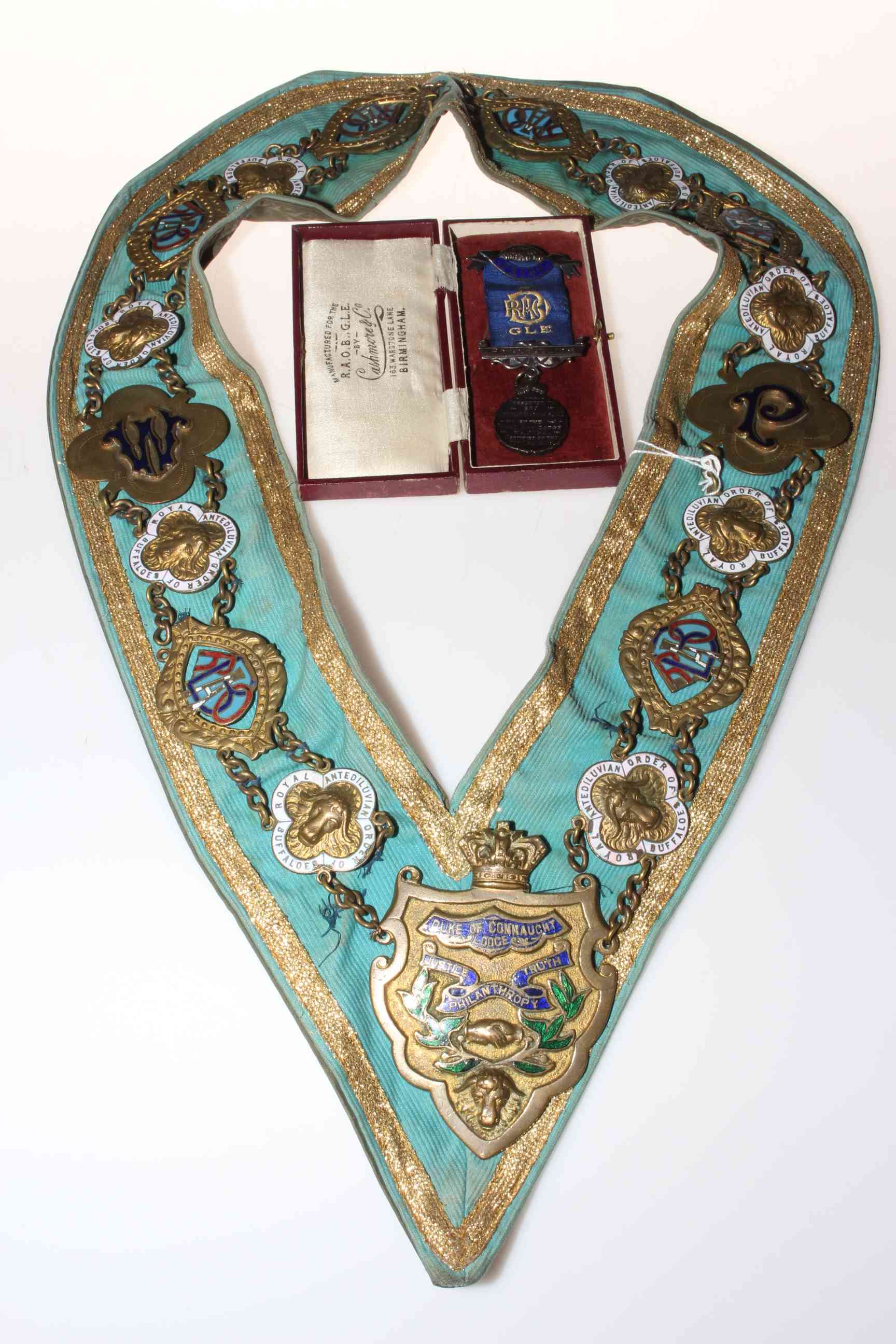 Silver and enamel Masonic medal, boxed and Duke of Connaught sash (2).