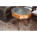 Jaycee octagonal mahogany two drawer drum table with gilded leather inset top, 60cm by 63cm.