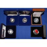 Five silver proof £5 Royal Mint and London Mint coins, including 2004 Entente Cordiale No.