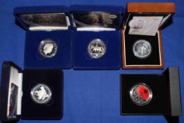 Five silver proof £5 Royal Mint and London Mint coins, including 2004 Entente Cordiale No.