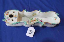 Meissen porcelain inkstand painted with flowers, 27cm length.
