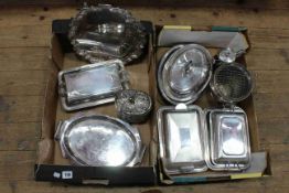 Two boxes with silver plated entree dishes, salver, rose bowl, etc.