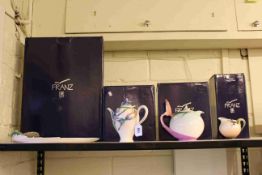 Four boxed pieces of Franz China, Ladybird tray, Hummingbird coffee pot,