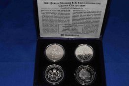 The Queen Mother UK Commemorative crown silver collection with COA, cased.