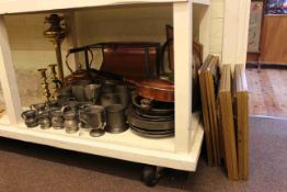 Collection of pewter tankards, plates and jugs, brass oil lamp, copper kettle, pan and fire stand,