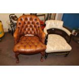 Tan buttoned leather occasional chair on ball and claw legs and late Victorian tub armchair (2).