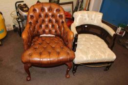 Tan buttoned leather occasional chair on ball and claw legs and late Victorian tub armchair (2).