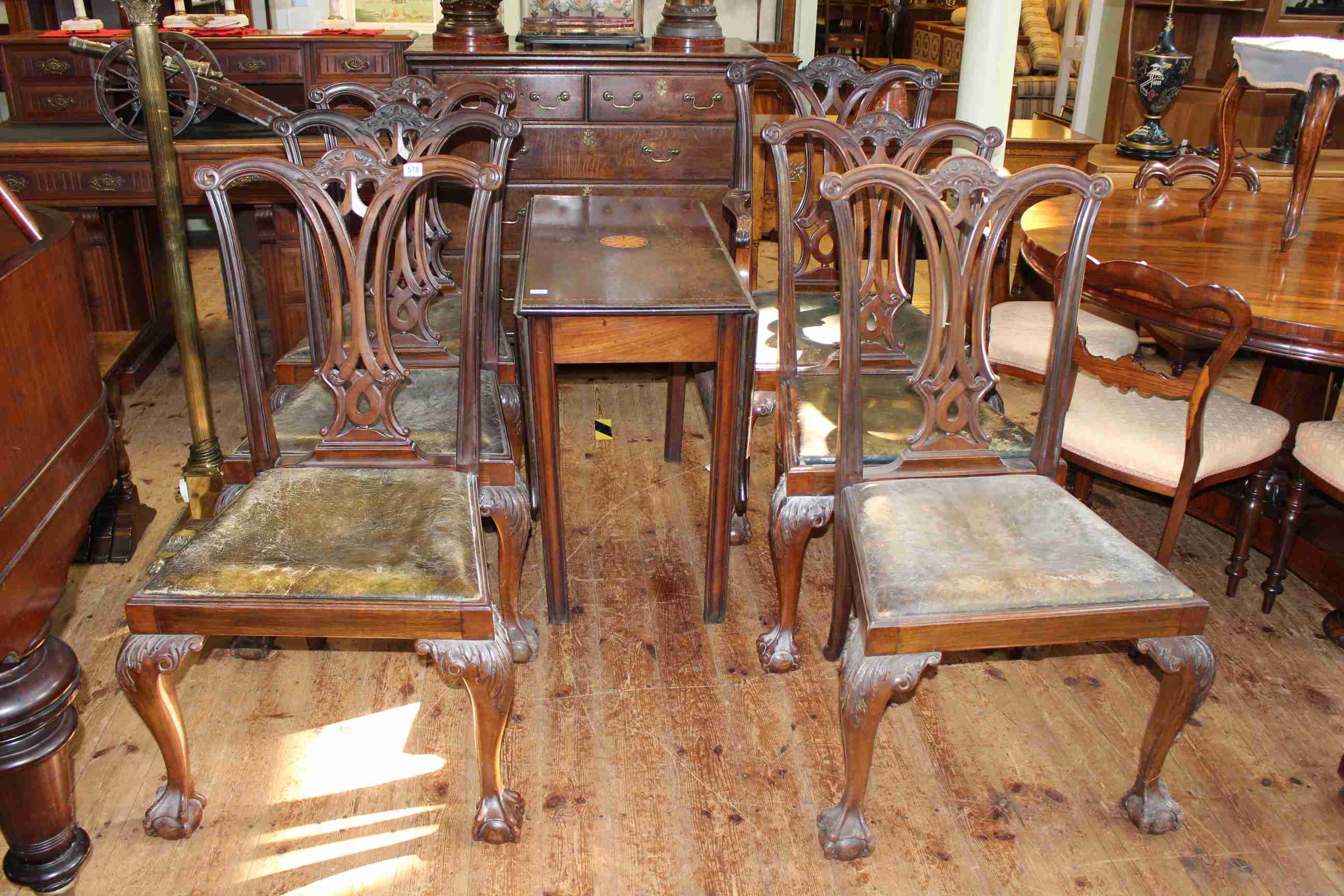 19th Century inlaid drop leaf dining table and set of six mahogany Chippendale style dining chairs