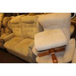 Two seater button backed settee and swivel chair and matching footstool in light fabric (3).