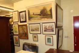 Collection of eleven pictures including large landscape oil, tapestry, Oriental, etc.