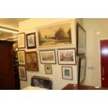 Collection of eleven pictures including large landscape oil, tapestry, Oriental, etc.
