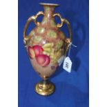 Fruit painted two handled vase, 27cm.