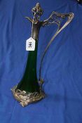 Art Nouveau WMF mounted green glass ewer, the base modelled with maidens, 38cm.