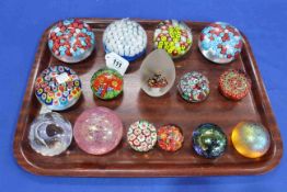 Collection of fifteen glass paperweights, mostly Millefiori.